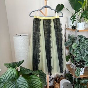 BURBERRY Yellow Silk Tulle Black Lace A-Line Midi Skirt
